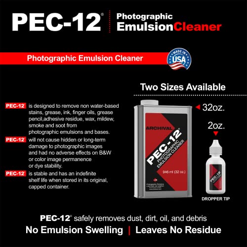 PEC-12 Photographic Emulsion Cleaner - Remove Non-Water Based Stains, Grease & Ink from Emulsions and Bases - for Cleaning 35mm Film, Photo Negative, B&W Slide with Dropper Tip (2oz) 2-Pack