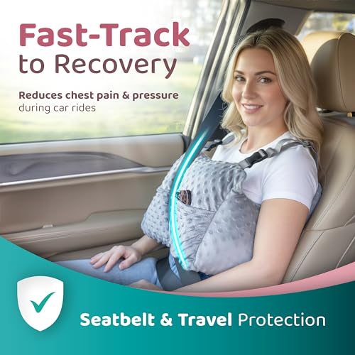 Zomaple Mastectomy Recovery Pillow + Strap, 2 Gel Pack, Seat Belt Cover & Shower Lanyard – Post-Op Essentials, Breast Augmentation/Reduction & Mastectomy Recovery Supplies – Washable Cover for Comfort Grey Regular Gelpacks