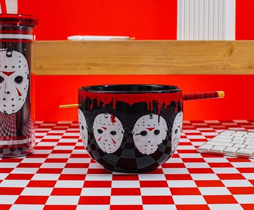 Friday The 13th Jason Voorhees Mask Ceramic Ramen Dinnerware Set | Includes 20-Ounce Noodle Bowl and Wooden Chopsticks