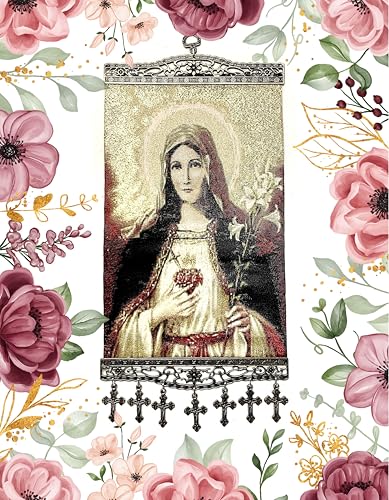 Religious Icon - Holy Saint Mary Blessed Virgin - Sacred Heart - Wall Hanging Tapestry Banner Large Art Decor - Christian Orthodox Catholic Cross - 16 x 8 inch - Ideal Christmas