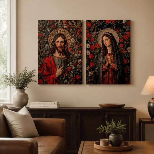 2 Pcs Framed Red Canvas Wall Art Virgin Mary Jesus Christian Decor 12x16 in 12x16 inch