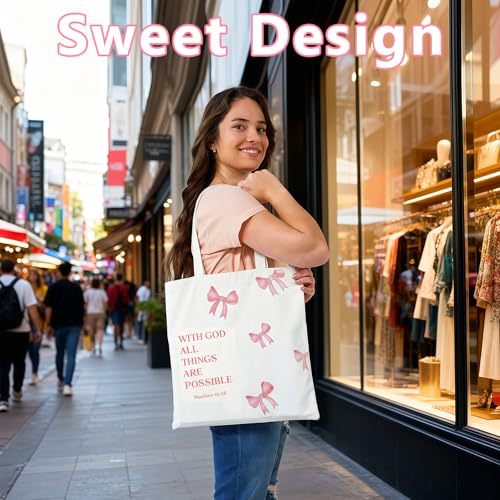 Huipalon Pink Christian Bag with Matthew 19:26 Scripture Quotes and Bow Design Minimalist Aesthetics Double-sided Bible Bags Christian Gifts for Women Girls