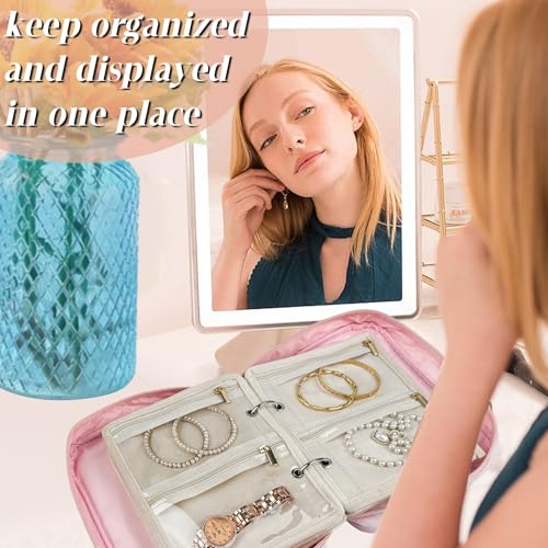 Travel Jewelry Organizer Case,Small Jewelry Bags for Traveling, Jewelry Binder with 24 Pcs Clear Zipper Velvet Pouches (Pink) Pink