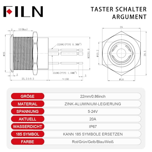 2 x 22 mm LED Switch Metal Push Button, Pre-Wired 20 A 12-24 V DC IP67 Light Button with 185 Interchangeable Symbols 1NO1NC for Car, Boat, Satellite Circuit (Red LED) | Metall Vorverdrahtet Ip67 druckschalter Mit 185 Austauschbaren Symbolen 1no1nc Für ...