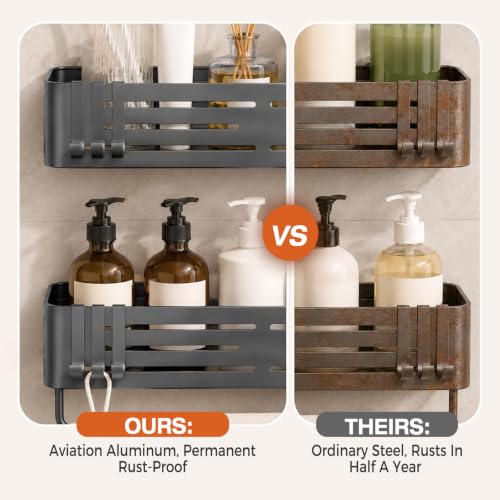 Lekesky Suction Cup Shower Caddy, No Drill Shower Shelf, Aluminum Rust Proof Bathroom Shower Organizer with 12 Hooks (2-Pack, Gunmetal Gray) Gunmetal Grey