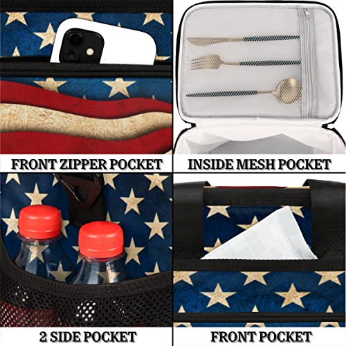 Insulated Cooler Lunch Bag Usa American Flag Vintage Lunch Box Leakproof Large Tote Bag Reusable for Women Men Picnic Travel (15L)