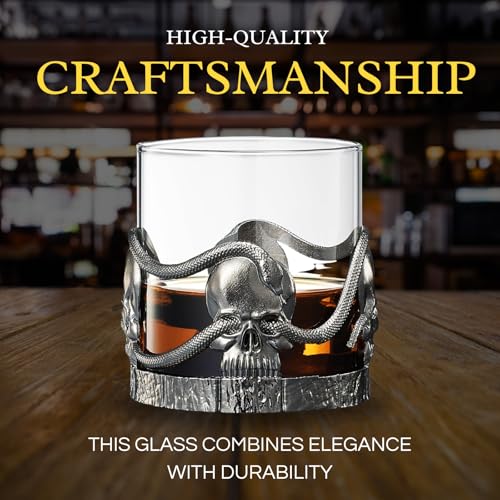 Skull & Snakes Pewter Glasses Set of 2, 12.5oz Gothic Whiskey, Wine, Beer & Water Cups, Spooky Crystal Old Fashioned Tumblers, Elegant Barware Gifts for Men & Women, Haunted Skull Decor Gift Skull and Snakes