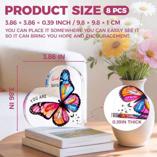 8 Pack Christian Gifts for Women, Butterfly Inspirational Religious Acrylic Plaque Set, Spiritual Birthday Gifts for Mom Sister Girl Coworker Catholic Female Friends, Bible Verse Desk Decor Sign for Home Office