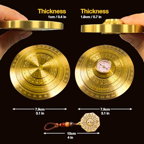 Feng Shui Golden Compass, Solid Brass Bagua Feng Shui Luo Pan for Home Office Decoration, Rotatable Good Luck Minis Chinese Auspicious Amulet, Traditional Fengshui Compass Ornament Glod-B