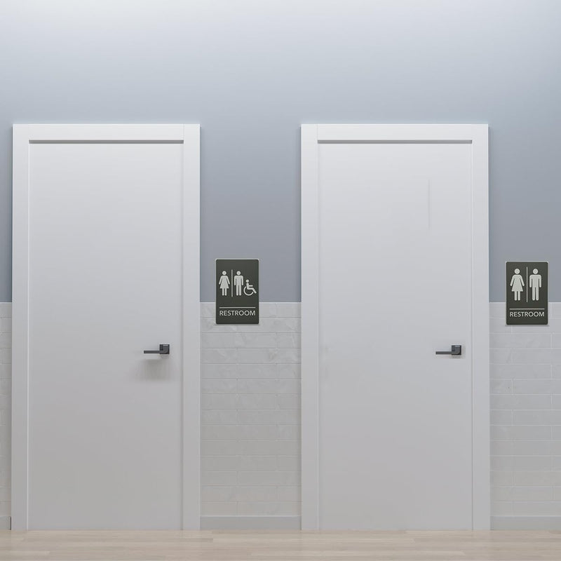 MitUSA® ADA Compliant, Unisex Bathroom Room Sign, Raised Icons, & Grade 2 Braille - Includes Adhesive Strips for Easy Installation - 6" W x 9" H Made in the U.S.A. (Light Grey, 6-Pack) Light Grey
