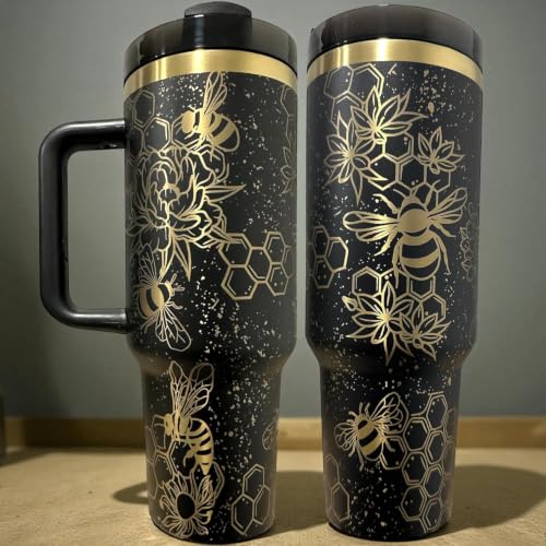 Tumbler, 40oz Tumbler, Western Tumbler, Engraved Cup with Handle, Cute Coffee Mug, 40oz Coffee Mug (Black/Gold(21)-Bee(B31)) Black r.Gold(16)-Bee(B31)