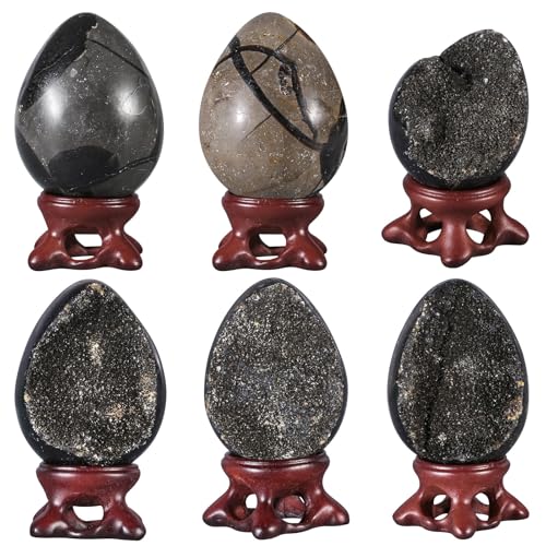 TUMBEELLUWA 50-70 mm Black Crystal Cluster Geode Egg with Display Stand Height 1.97-2.76 Inch