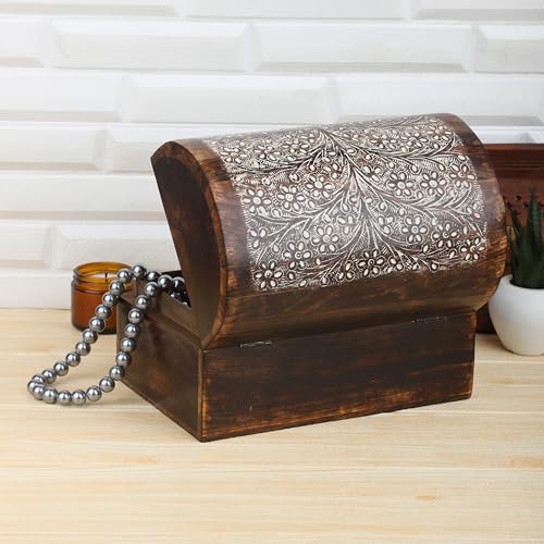 Ajuny Wooden Keepsake Jewelry Box Floral Pattern Storage Chest 9x6 Inch White Flower