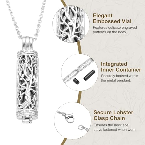 HARFINGTON Tree of Life Cremation Necklace, Stainless Steel Hollow Cylinder Pendant Memorial Jewelry with Screw Cap Black 2