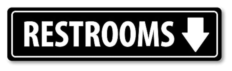 MG1080 Aluminum Sign LARGE 24 in x 6 in: RESTROOMS. ARROW DOWN (black/white) Style 1 LARGE-Aluminum-Style 1 BLACK Down Arr