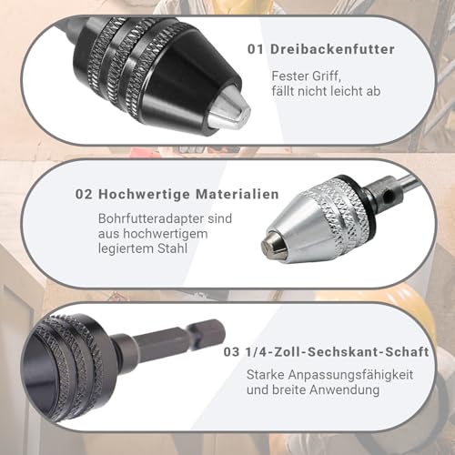 Moyata Keyless Drill Chuck Adapter 1/4 Inch Hex Shank Pack of 2 | 3 Jaw Drill Adapter, Quick Chuck Adapter with 0.8-3.0 mm Twist Drill for Hammer Drill, 0.3-6.5 mm/0.3-3.4 mm