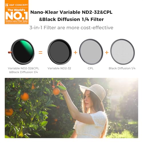 K&F CONCEPT 43mm Black Diffusion 1/4 & Variable ND2-32 & Polarizing-in 1