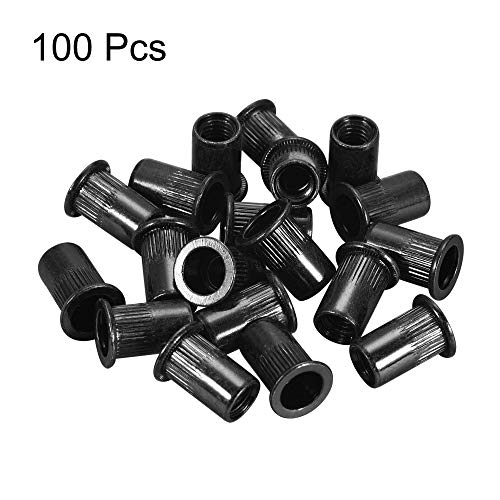uxcell M8 carbon steel rivet nuts with zinc-plated knurled flat head, threaded inserts, black finish, 100 pieces