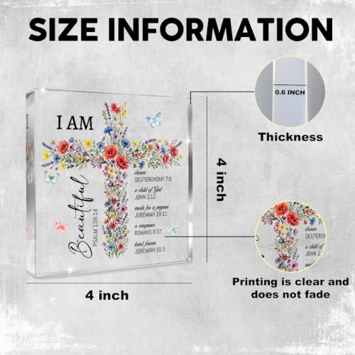 Baptism Gifts for Girl Women, Christian Desk Decor Square Acrylic Sign Wildflower Bible Verse Cross Print
