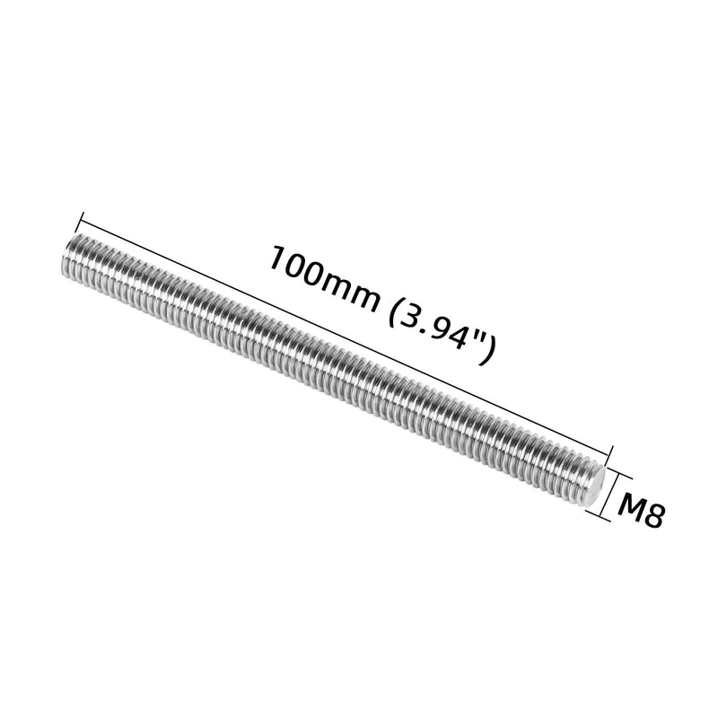 [Australia - AusPower] - M8-1.25 x 100mm Fully Threaded Rod, Long Threaded Screw, 304 Stainless Steel 18-8, Right Hand Threads, 2 PCS M8 x 100mm 
