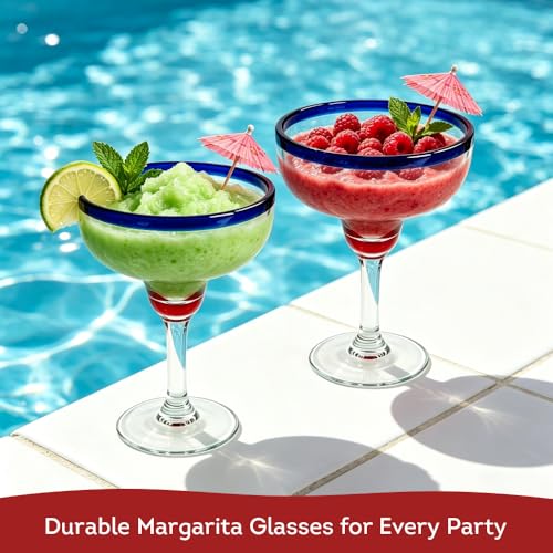 Lily's Home Unbreakable Margarita Glasses - 14 oz Shatterproof Plastic Set of 4 with Cobalt Blue Rims, Reusable Crystal Clear Stemware for Martini, Frozen Drinks, Pina Coladas & Cocktails Modern