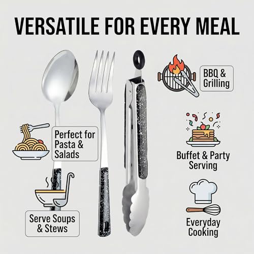 Set of 10 stainless steel metal serving utensils by HAPPY KIT, including spoons and tongs for serving food and salads.