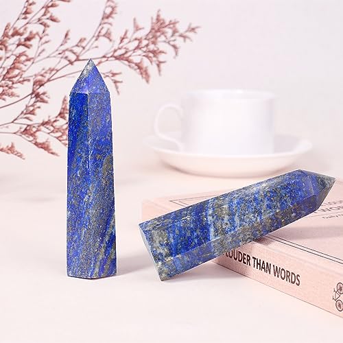 ZHIYUXI 3.7-4" Lapis Lazuli Healing Crystals Wands Crystal Tower Hexagonal Pointed Crystal Wand Stone Large Crystals Reiki Energy Balancing Meditation Therapy Gemstones Decoration Gifts 1 Pc