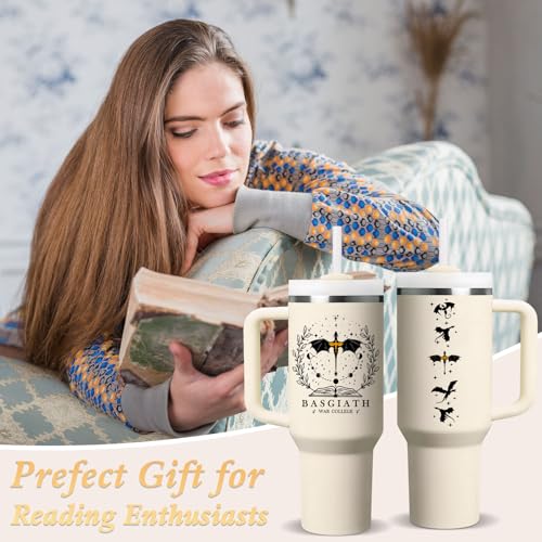 Fufendio Fourth Wing Merch - 40oz Tumbler with Handle & Straw Fantasy Book Beige