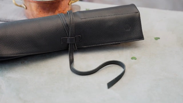 Leather Knife Roll Bag for Chef`s - Premium Knife Roll Case made of Genuine Water-Buffalo Leather, knives storage Bosse (black) black