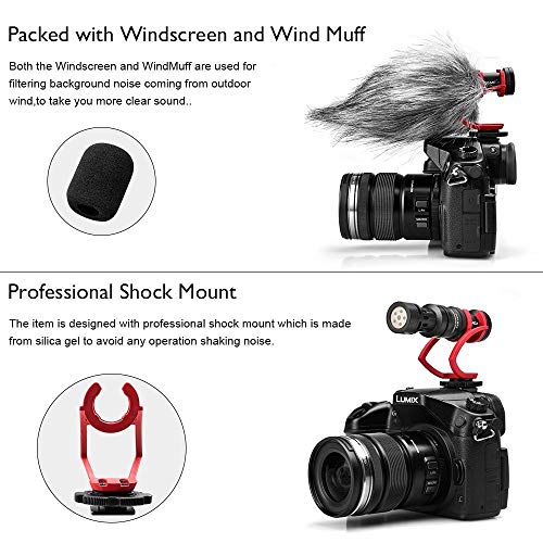 Comica Camera Microphone Directional Condenser Shotgun Video Microphone with Wind Muff for DSLR, Mirrorless Cameras, and Smartphones (CVM-VM10II R) Red