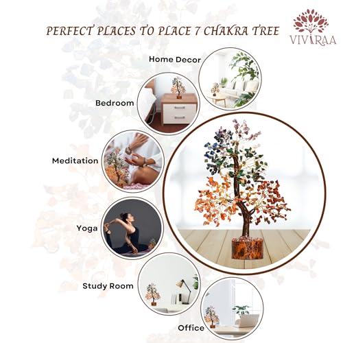 Seven Chakra Tree of Life – Handcrafted Healing Crystal Gemstone for Spiritual Balance, Good Luck, Wealth & Prosperity - Feng Shui Gift for Men Women Friends & Housewarming Office Home Decor 7 Chakra Wooden Base Golden Wire