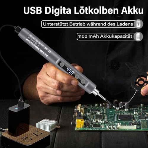 Battery Soldering Iron Set with Stand and LCD Display, Mini Soldering Iron Battery, Adjustable Temperature 180-450°C, 3 Soldering Tips, USB Soldering Station, Suitable for Repair Circuit Boards, Welding Repairs - Grey Gray