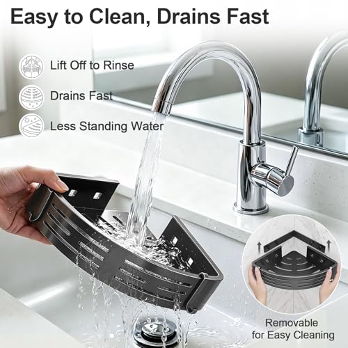 Maxoklife adhesive corner shower caddy shelf, no drill required, with multiple compartments for bathroom organizing and storage.
