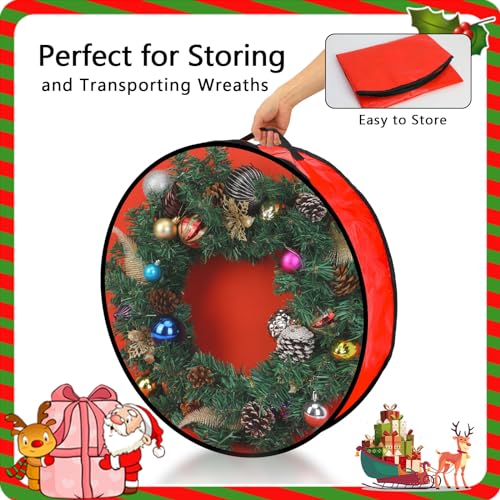 Pwsap 2 Pack Christmas Wreath Storage Container - 36 Inch, Garland Storage, Christmas Large Wreath Storage Container Cover, Durable Tarp Material, Dual Zipper Storage Bag for Xmas Holiday, Red 36inch