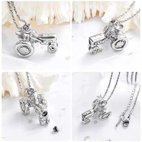 Yinplsmemory Cremation Jewelry Tractor Urn Necklace for Ashes for Men Stainless Steel Tractor Charm Urn Locket Memorial Keepsake Ashes Jewelry Silver