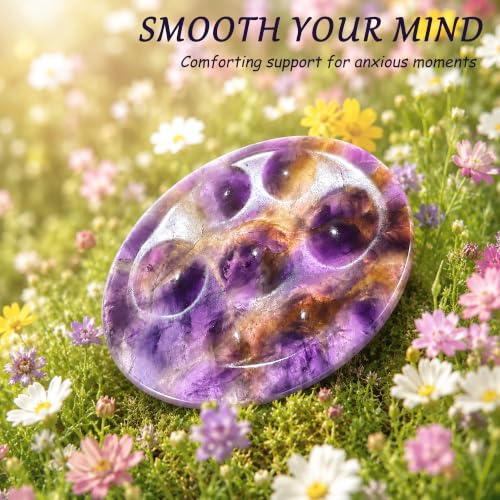 Dot Carved Amethyst Worry Stone, Natural Crystal Palm Stone for Stress Relief, Meditation, Relaxation, Chakra Yoga Gift with Green Gift Box