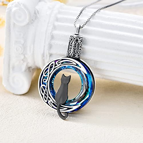 TOUPOP Cat Cremation Jewelry for Ashes Sterling Silver Cat Moon Urn Necklace that Hold Human Pet Ashes Memorial Keepsake Jewelry Black Cat