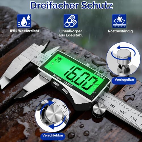 Preciva 150 mm Digital Calliper, Digital Calliper, Stainless Steel, Rechargeable, IP54, Waterproof, Electronic Calliper with LCD Display for Industrial, Electric, Automotive, Crafters