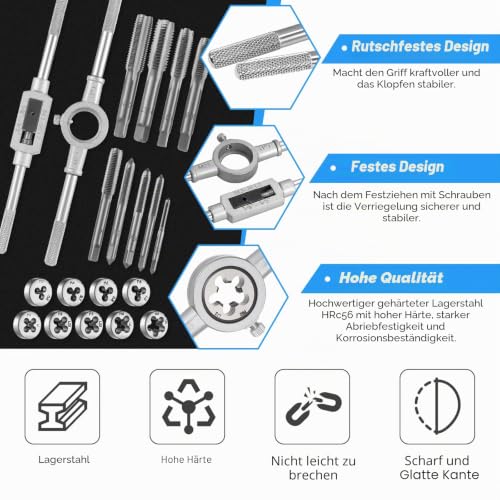 Tap and Die Set Metric Thread Cutting Set (20 Pieces, Blue) | M3-M12 Tap Die Set with Drill, Metric Tap Set for Female and Male Thread Blue 20pcs