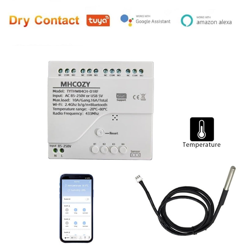[Australia - AusPower] - Tuya app WiFi Temperature Sensor Controller,Phone Monitor and Control Temperature Anywhere,4 Channel 110v 10A Dry Contact Relay Switch,Compatible with Alexa Google Home 