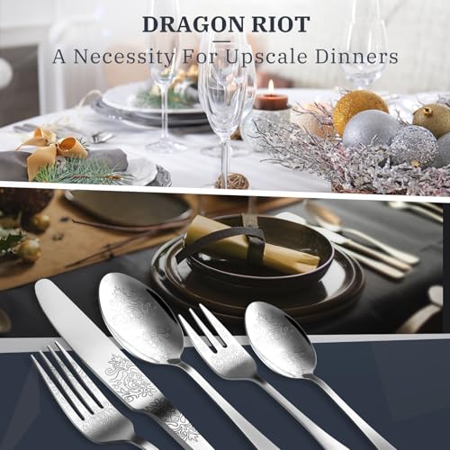 DRAGON RIOT 20-piece stainless steel flatware serving set for 4, includes forks, knives, spoons, and serving utensils.