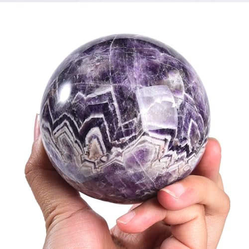 JIC Gem 2.7-3.1 inch(70-80mm) Large Chevron Amethyst Crystal Ball Healing Crystals Sphere with Wooden Stand Meditation Home Decor 2.7-3.1 inch(70-80mm)