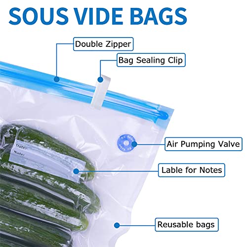 30 PCS Reusable Vacuum Sealer Sous Vide Bags for Food with 5 Cooking Clips, 5 Sealing Clips, 3 Sizes Vacuum Food Storage Bags with 10 Replacement Air Valves Suitable for Sous Vide Cooker