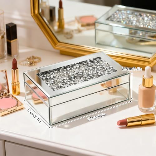 Luxury Mirrored Jewelry Box with Crushed Diamond - Glass Jewelry Box Organizer Storage for Women, Ring Holder Case for Dresser and Decorative Silver B