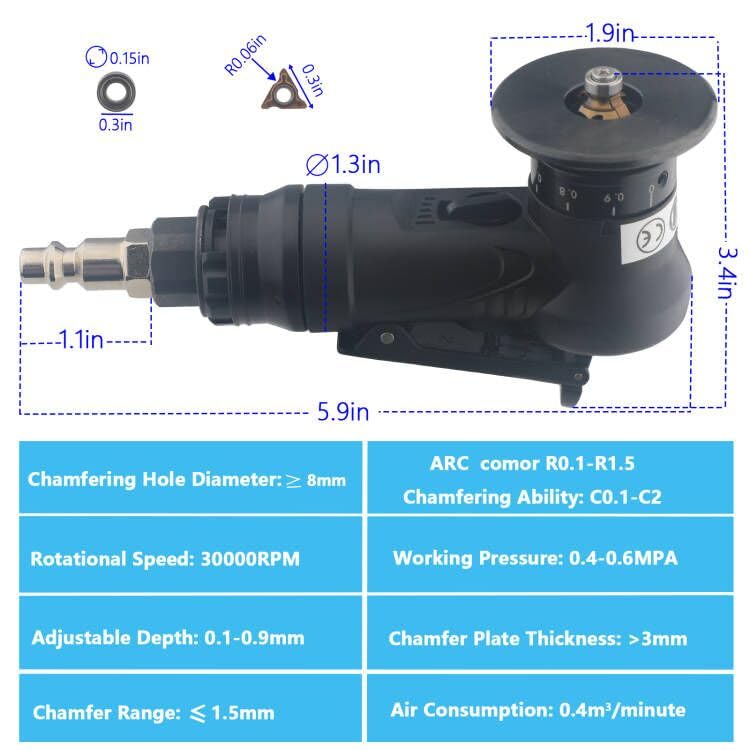 Pneumatic Chamfering Tool – 45° Mini Air-Powered Chamfer Machine for Beveling & Deburring, Adjustable Depth & Speed, 1/4" Air Inlet, R Angle Blades for Metal, Wood, Acrylic Chamfer Tool With R Angle Blades(8pcs)