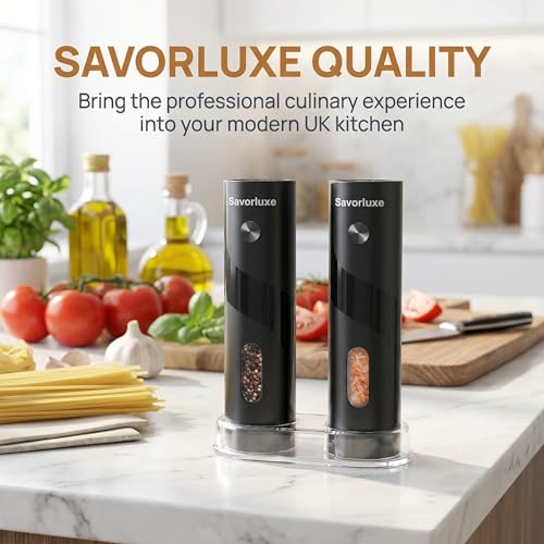 Electric Salt and Pepper Grinder Set 2 Pack, Top-Refill Battery Operated Pepper Mills with Storage Base, Adjustable Coarseness, 120ml per Grinder & White LED Light, Black