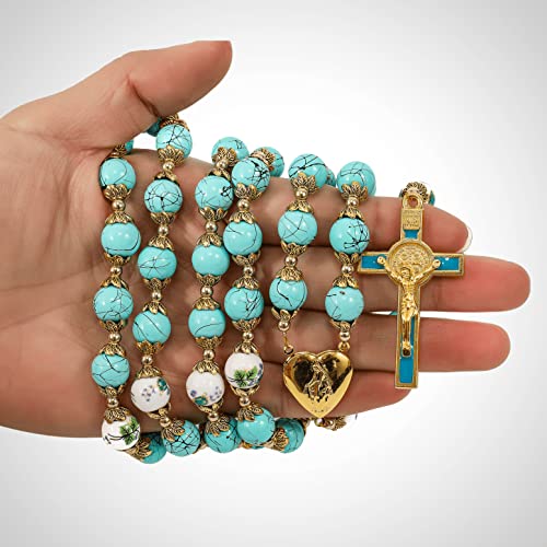 Nazareth Store Saint Benedict 10mm Glass Rosary Beads Catholic Necklace Flowers Mystery Bead Miraculous Medal Locket Cross Prayer Rosarios Catolicos Turquoise