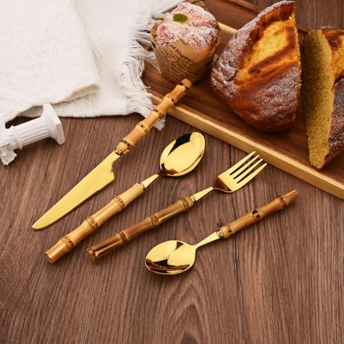 Stainless Steel Flatware Set, Bamboo Handle Silverware Set, Reusable Eating Utensils for Home Kitchen and Restaurant, Modern Gold Cutlery Set, 24 Pieces Service for 6 24-Piece Service for 6