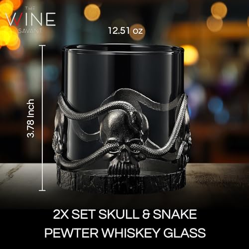 Skull & Snakes Pewter Glasses Set of 2, 12.5oz Gothic Whiskey, Wine, Beer & Water Cups, Spooky Crystal Old Fashioned Tumblers, Elegant Barware Gifts for Men & Women, Haunted Skull Decor Gift Skull and Snakes