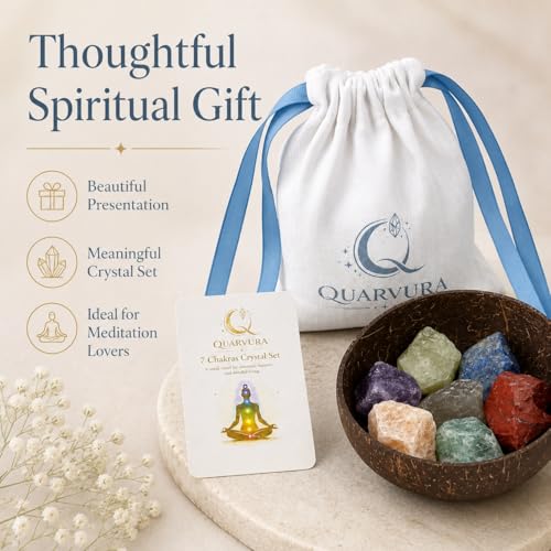 Natural Raw Healing Crystals and Chakra Stones for Reiki, Meditation and Energy Balancing,7 Chakra Crystal Set with Coconut Shell Bowl and Drawstring Pouch